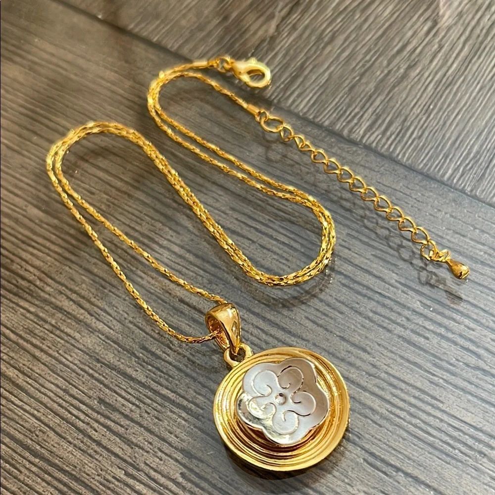 Vintage Style Necklace with Gold-tone Round Medallion and Silver-tone Flower